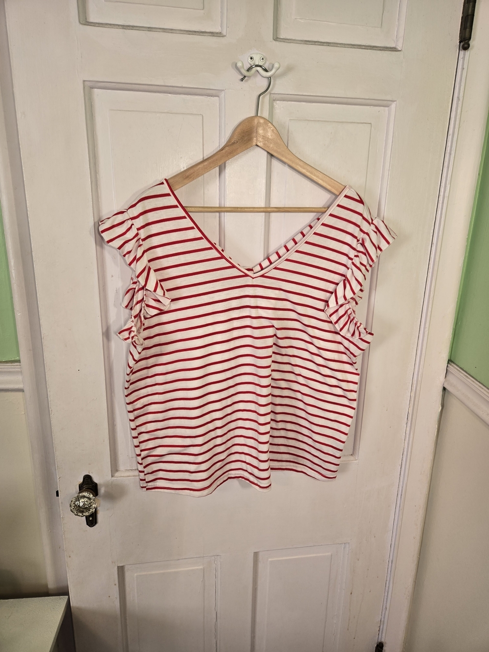 SHEIN Red and White Striped V-Neck Ruffle Tank Size 1x